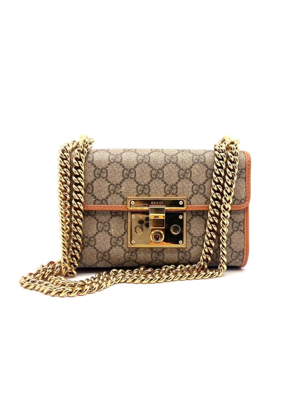 Authentic GUCCI GG Padlock Monogram Coated Canvas Pink Orange Leather Bag Purse